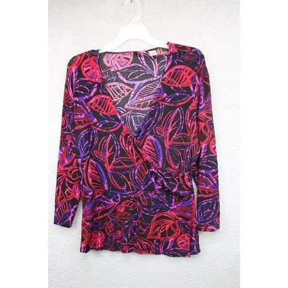 Chico's Travelers Tropic Jewel Roland Wrap Top-Size 2-Belted - Picture 5 of 8